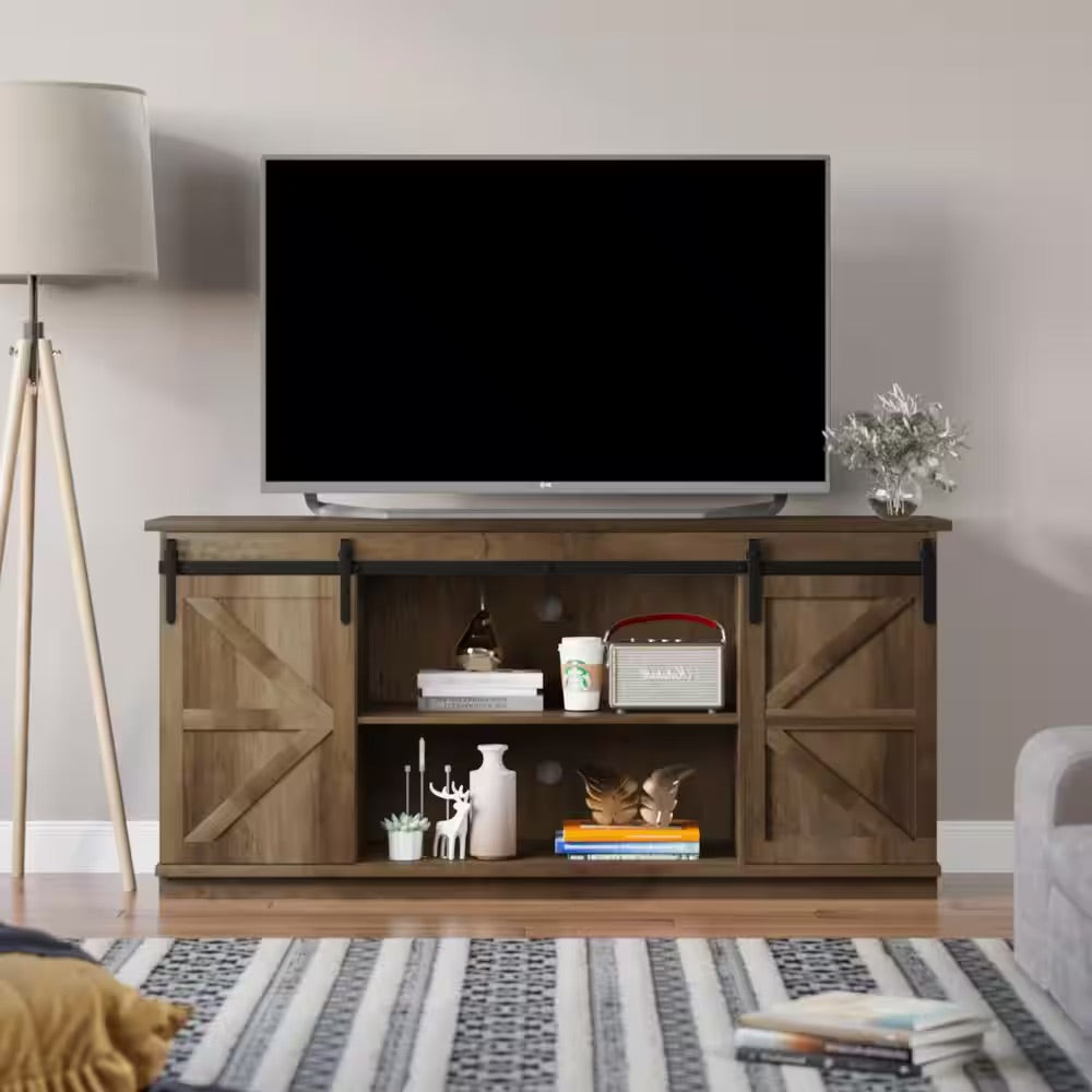 58 Inch Rustic Oak Ban Door TV Stand w/side